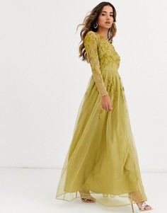 Платье макси из сетки с вышивкой с длинными рукавами ASOS DESIGN-Золотой