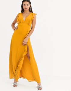 Платье макси с короткими рукавами, перекрещенными элементами на спине и оборками TFNC-Желтый