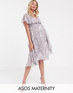 Серое платье миди с кейпом, асимметричным подолом и цветочным принтом ASOS DESIGN Maternity-Мульти