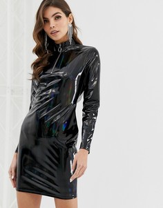 Платье мини из искусственной кожи с высоким воротом и молнией ASOS DESIGN-Черный