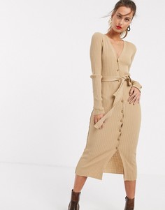 Платье миди с пуговицами и ремнем ASOS DESIGN-Светло-бежевый