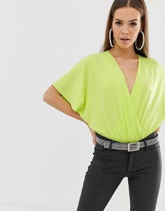 Неоново-зеленое боди с запахом ASOS DESIGN-Зеленый