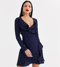 Эксклюзивное темно-синее платье в горошек с запахом и длинными рукавами Missguided Tall-Черный