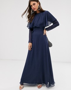Платье макси с кейпом сзади, длинными рукавами и поясом ASOS DESIGN-Синий