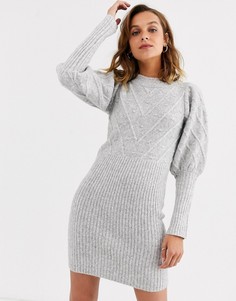 Серое трикотажное платье с объемными рукавами и декоративной строчкой River Island-Серый
