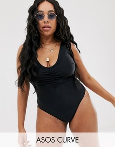Черный слитный купальник с глубоким вырезом и минималистским дизайном ASOS DESIGN curve