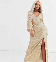 Золотистое платье макси с длинными рукавами и разрезом Club L London Petite-Золотой