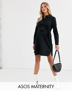 Хлопковое платье-рубашка мини с поясом ASOS DESIGN Maternity-Черный