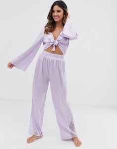 Атласный пижамный топ с завязкой и брюки ASOS DESIGN-Фиолетовый