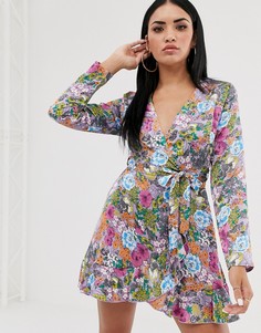 Чайное платье с запахом и цветочным принтом Missguided-Мульти
