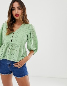 Блузка с объемными рукавами и вышивкой ришелье ASOS DESIGN-Мульти