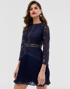 Кружевное платье мини со вставками и плиссированной юбкой ASOS DESIGN-Темно-синий