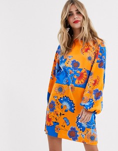 Платье-кимоно мини с принтом (синий/оранжевый) Liquorish