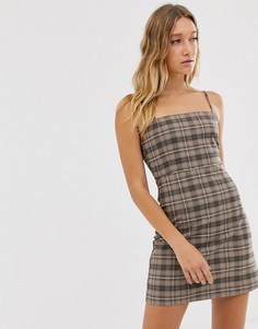 Коричневое платье мини на тонких бретельках в клетку Monki-Коричневый