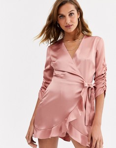 Розовое атласное платье с длинными рукавами и запахом River Island-Розовый