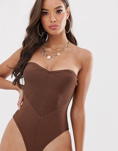 Коричневый бандажный слитный купальник без бретелей ASOS DESIGN