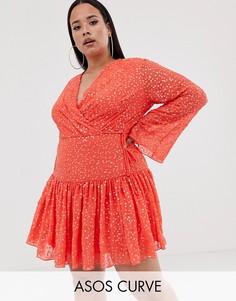 Платье мини с запахом, пайетками и пышной юбкой ASOS DESIGN Curve-Оранжевый