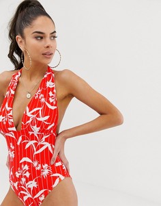 Слитный купальник с глубоким вырезом и цветочным принтом ASOS DESIGN dd-g-Красный