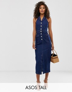Джинсовое платье-халтер макси на пуговицах ASOS DESIGN Tall-Синий