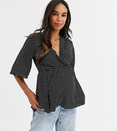 Черный топ в горошек с баской и ремнем New Look Maternity