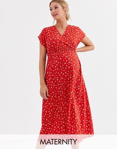 Красное платье миди с присборенной отделкой и цветочным принтом New Look Maternity-Красный
