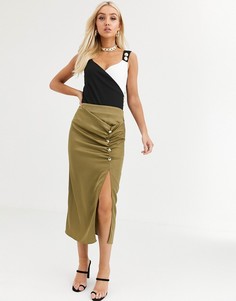 Юбка цвета хаки со сборками и разрезом River Island-Зеленый