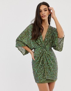 Платье-кимоно мини с пайетками и узлом ASOS DESIGN-Зеленый