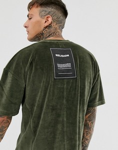 Велюровая oversize-футболка цвета хаки с заниженной линией плеч Religion-Зеленый