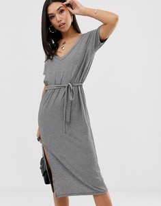 Платье-футболка миди с запахом и поясом в мелкую полоску ASOS DESIGN-Мульти