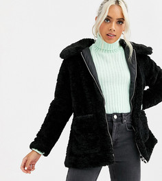 Короткая черная шуба из искусственной цигейки с карманами New Look Petite-Черный