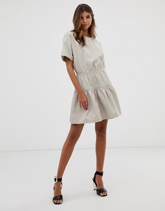 Ярусное хлопковое платье мини с присборенным поясом ASOS DESIGN-Бежевый