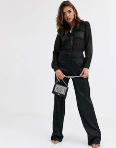 Черный шифоновый комбинезон-рубашка с атласными брюками Missguided