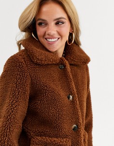 Куртка шоколадного цвета из искусственного меха Miss Selfridge-Коричневый