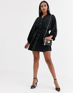 Черное атласное платье-рубашка River Island-Черный