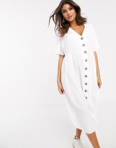 Свободное платье миди на пуговицах с V-образным вырезом ASOS DESIGN-Белый