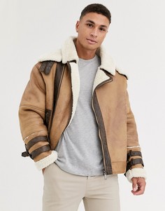 Пальто авиатор с подкладкой из искусственного меха River Island-Светло-коричневый