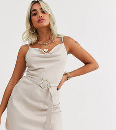 Бежевое платье-комбинация с поясом и шалевым воротником River Island Petite-Светло-бежевый