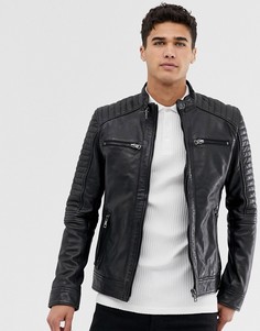 Кожаная байкерская куртка с 4 карманами Barneys original-Черный