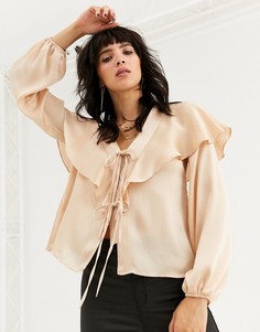 Нюдовая блузка с оборкой Topshop-Бежевый