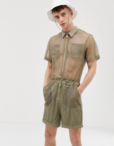 Зеленый короткий комбинезон из сетки с золотистой молнией ASOS DESIGN
