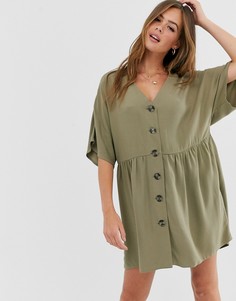 Свободное платье мини на пуговицах с V-образным вырезом ASOS DESIGN-Зеленый