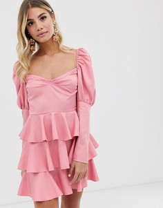 Розовое ярусное платье мини с открытыми плечами In The Style-Розовый