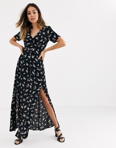 Черное чайное платье макси с цветочным принтом Miss Selfridge-Черный