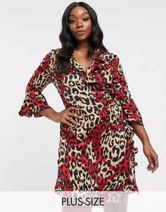 Платье мини с расклешенными рукавами, оборками и леопардовым принтом Outrageous Fortune Plus-Мульти