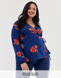 Блузка с запахом на завязке, рукавами-бабочкой и цветочным принтом Influence Plus-Темно-синий