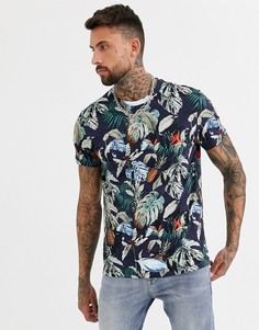 Темно-синяя футболка с тропическим принтом Bershka-Темно-синий