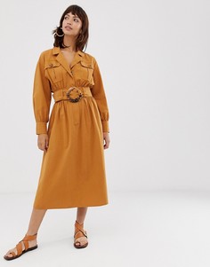 Платье-рубашка миди с черепаховой пряжкой ASOS DESIGN-Желтый