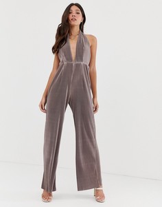 Розовато-лиловый плиссированный комбинезон с завязкой на шее Missguided-Розовый