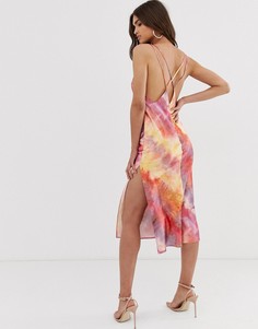 Блестящее платье-комбинация миди на бретельках с принтом тай-дай ASOS DESIGN-Мульти
