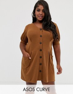Фактурное платье на пуговицах с пышными рукавами ASOS DESIGN Curve-Коричневый